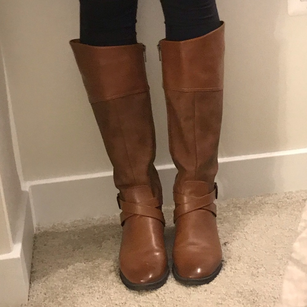 Tan riding boots. Good condition. I wore them a few times so some minor wear.